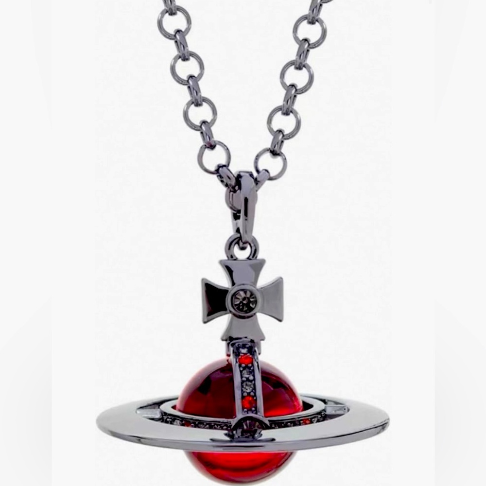 Vivienne westwood Red Crystal saturn Gun metal pendant  necklace Authentic